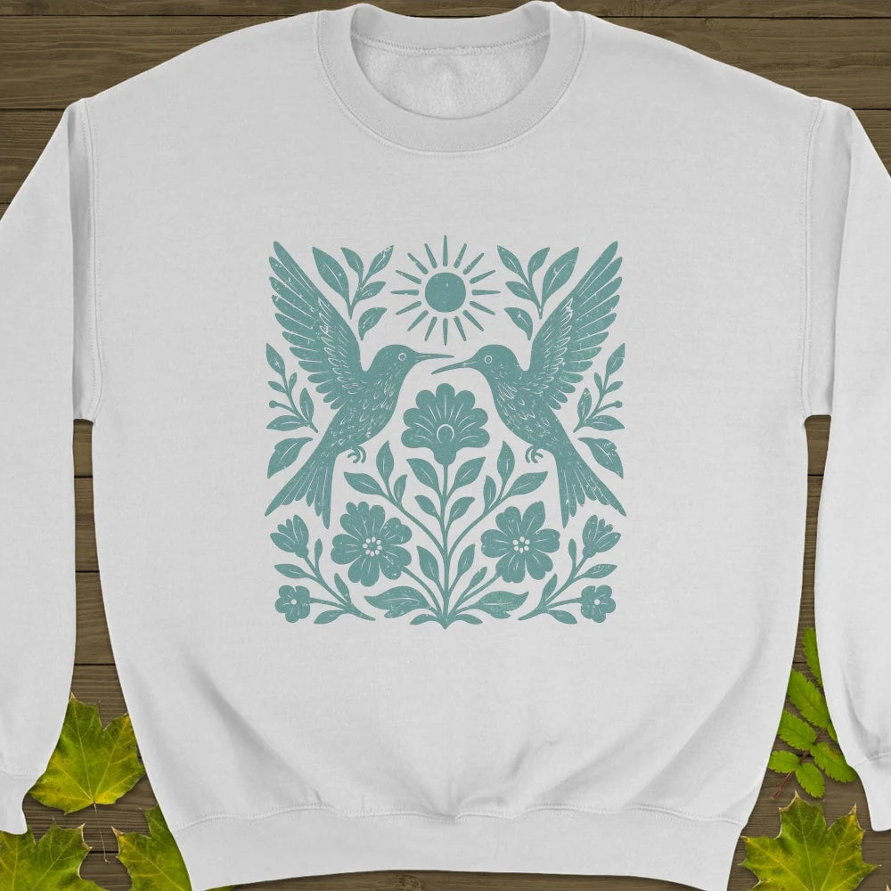 Hummingbird Folk Art Print Crewneck Sweatshirt White