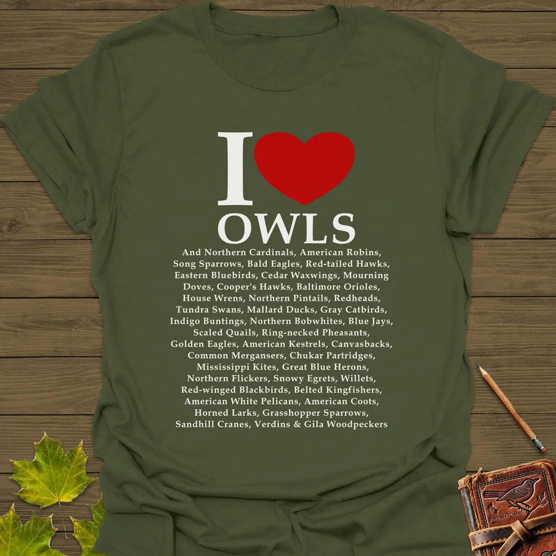 I Love Owls T-Shirt Military Green