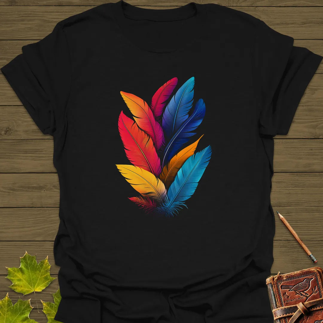 Vivid Plumes Bird Feather T-Shirt Black