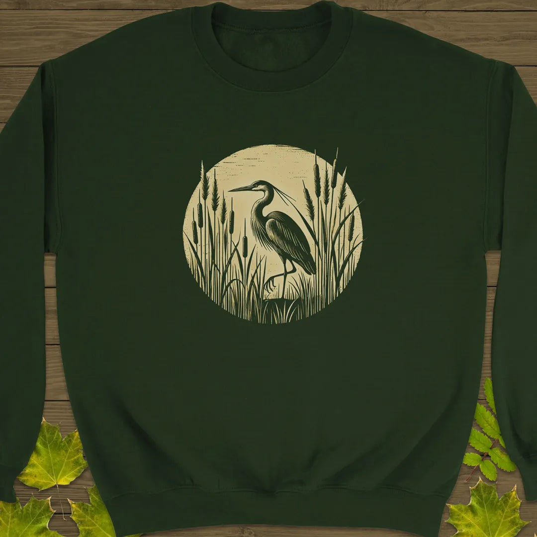 Rustic Wildlife Heron Crewneck Sweatshirt Forest Green