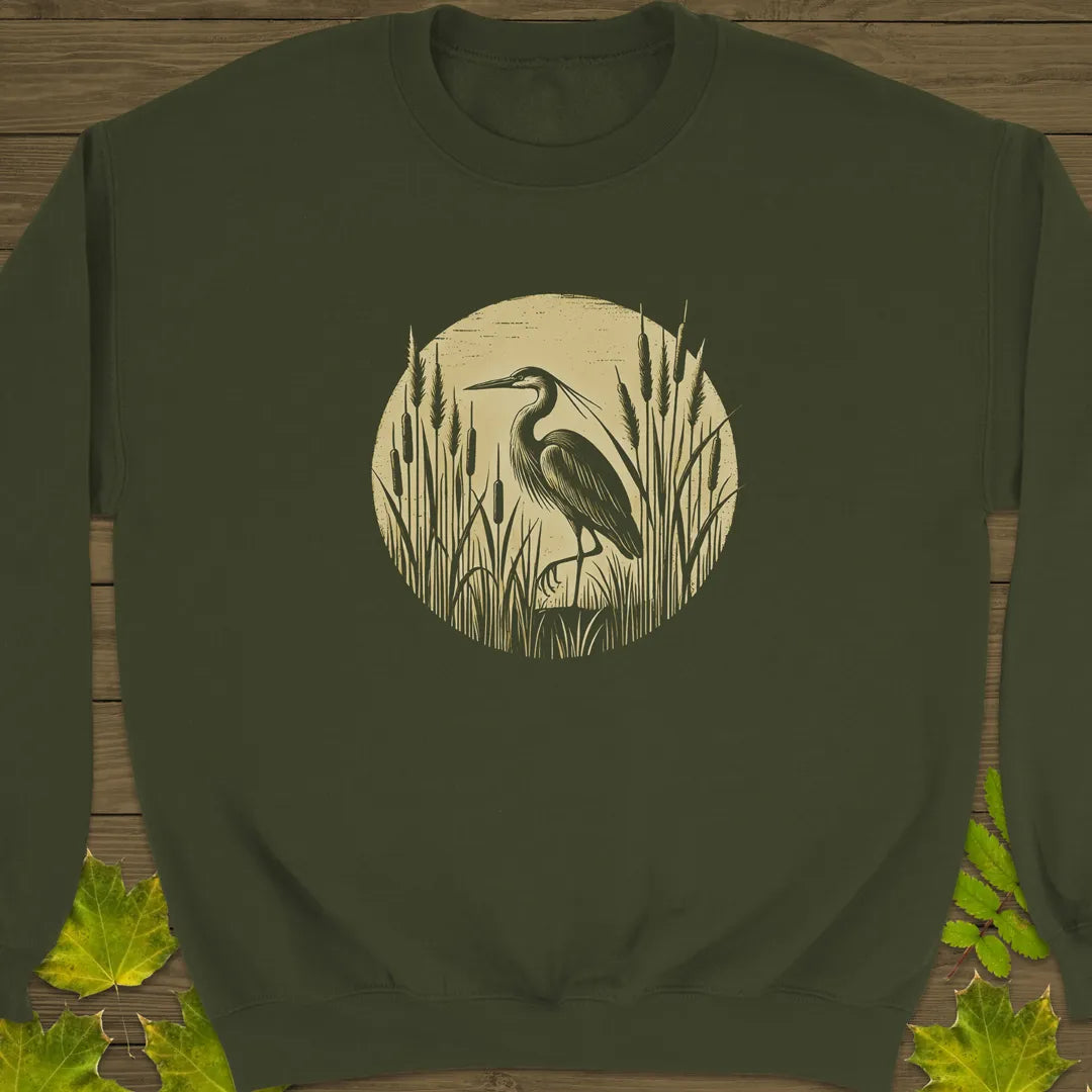 Rustic Wildlife Heron Crewneck Sweatshirt Military Green