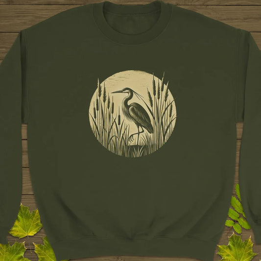 Rustic Wildlife Heron Crewneck Sweatshirt Military Green