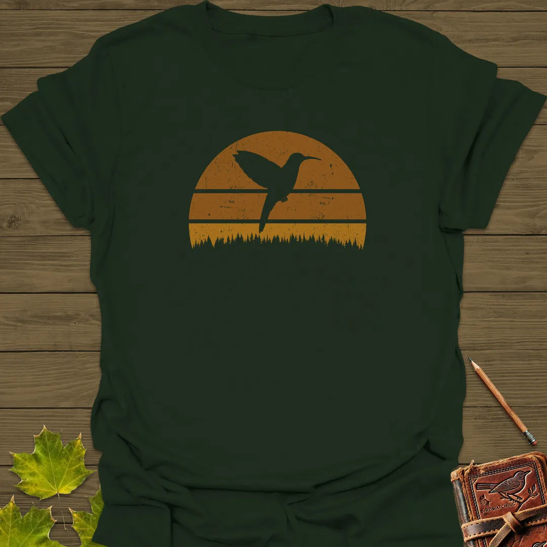 Retro Sunset Hummingbird T-Shirt Forest Green
