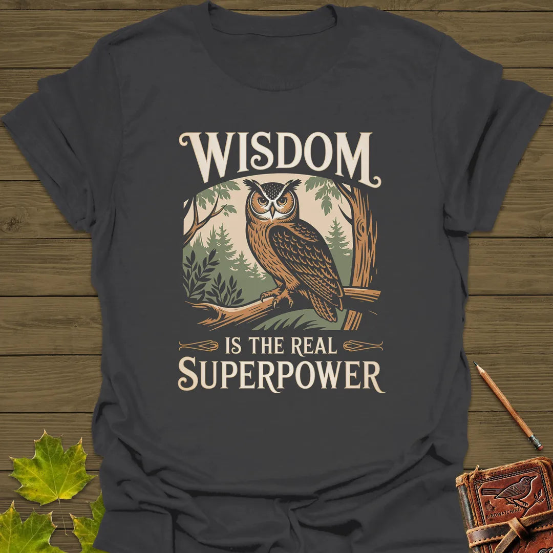 Wisdom Is a Superpower Owl T-Shirt Charcoal