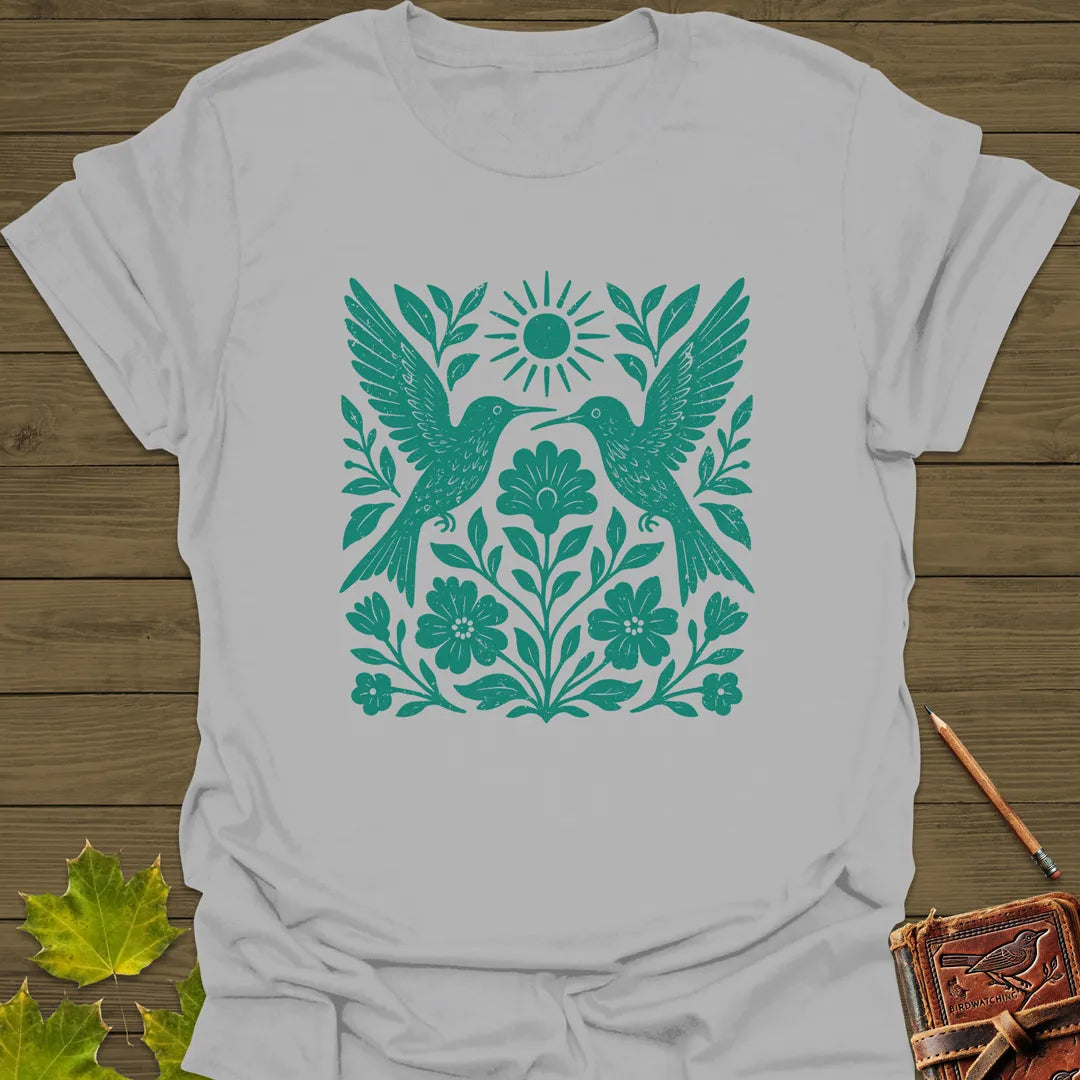 Hummingbird Folk Art Print T-Shirt Ice Grey