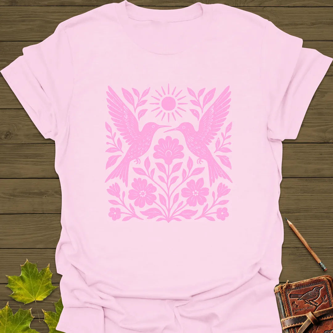 Hummingbird Folk Art Print T-Shirt Light Pink
