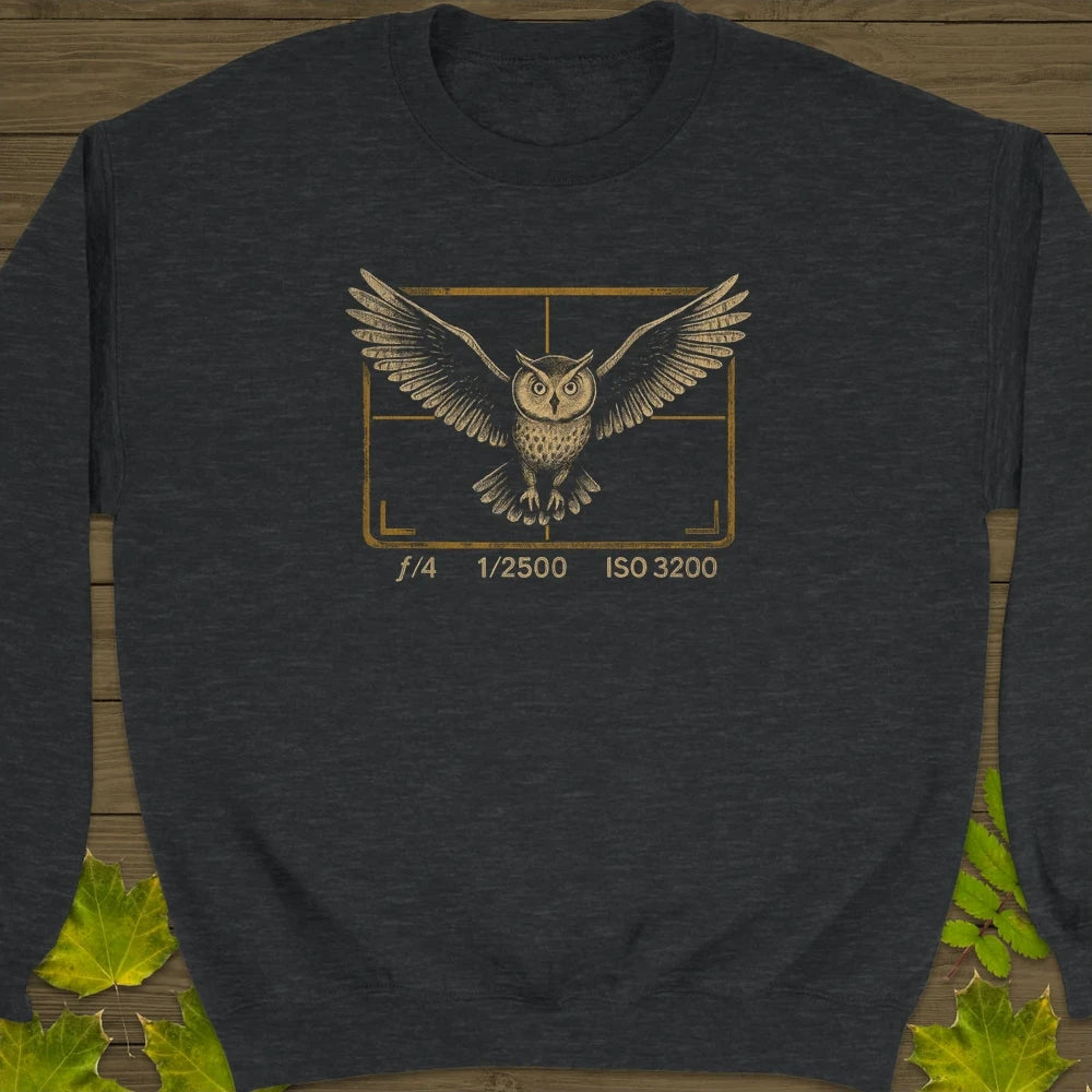 Owl and Camera Frame Crewneck Sweatshirt Dark Heather