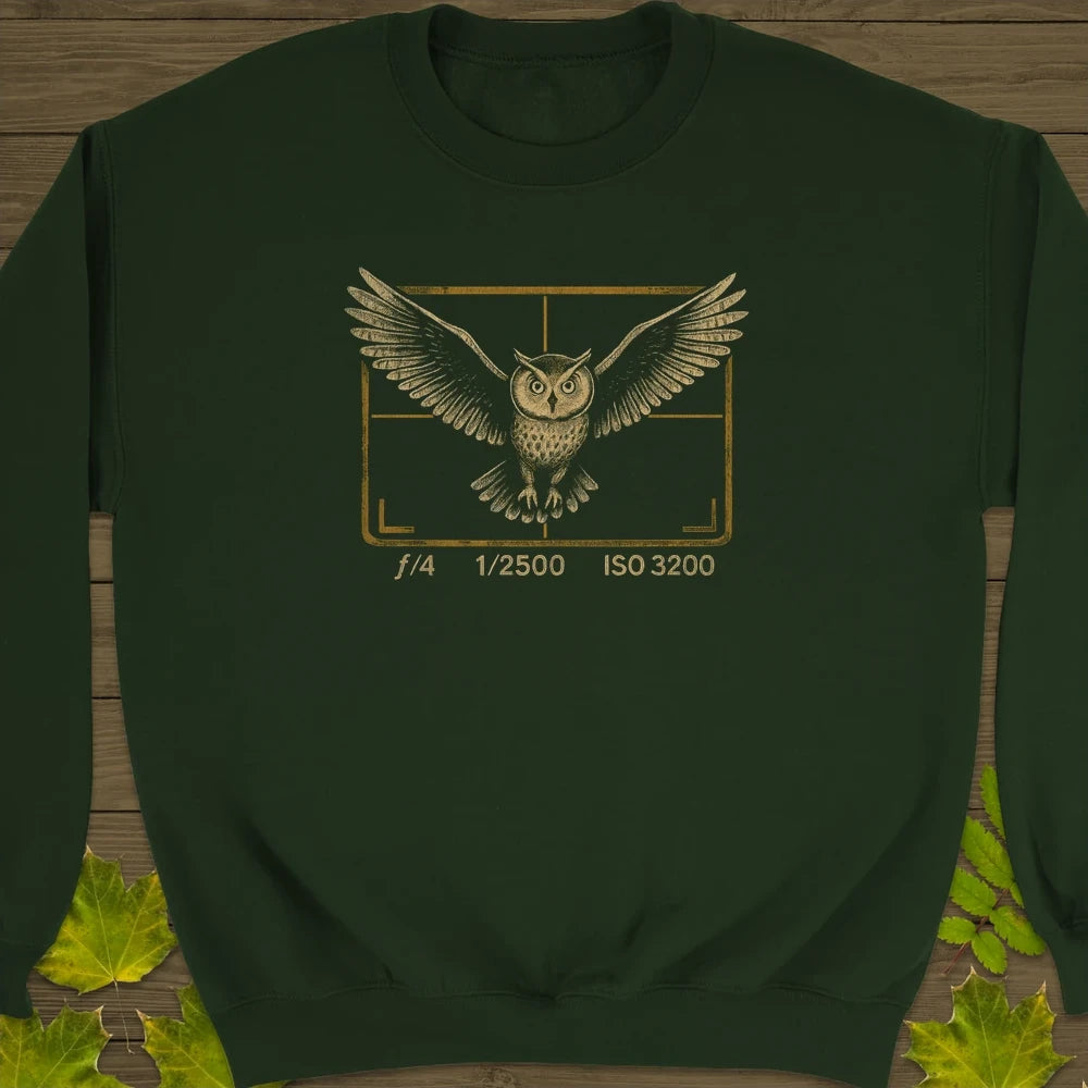 Owl and Camera Frame Crewneck Sweatshirt Forest Green
