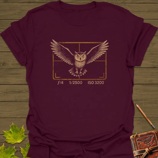 Owl and Camera Frame T-Shirt Maroon