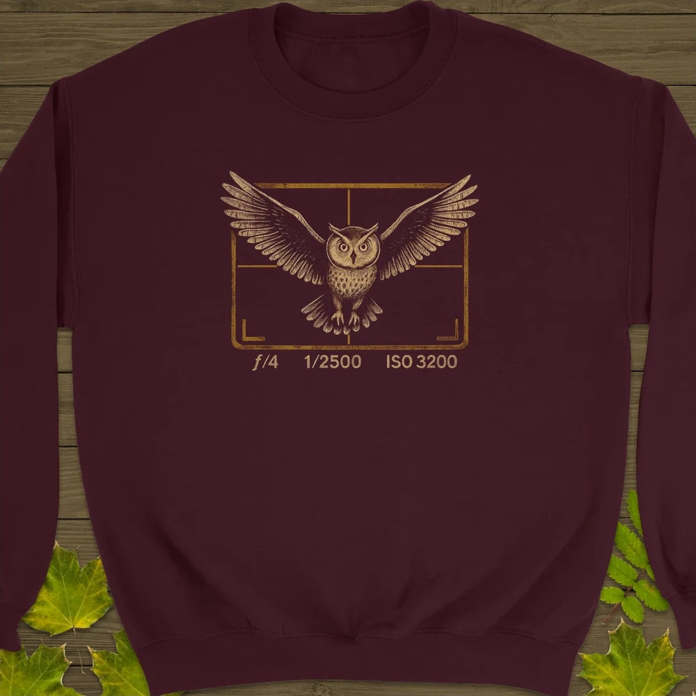 Owl and Camera Frame Crewneck Sweatshirt Maroon
