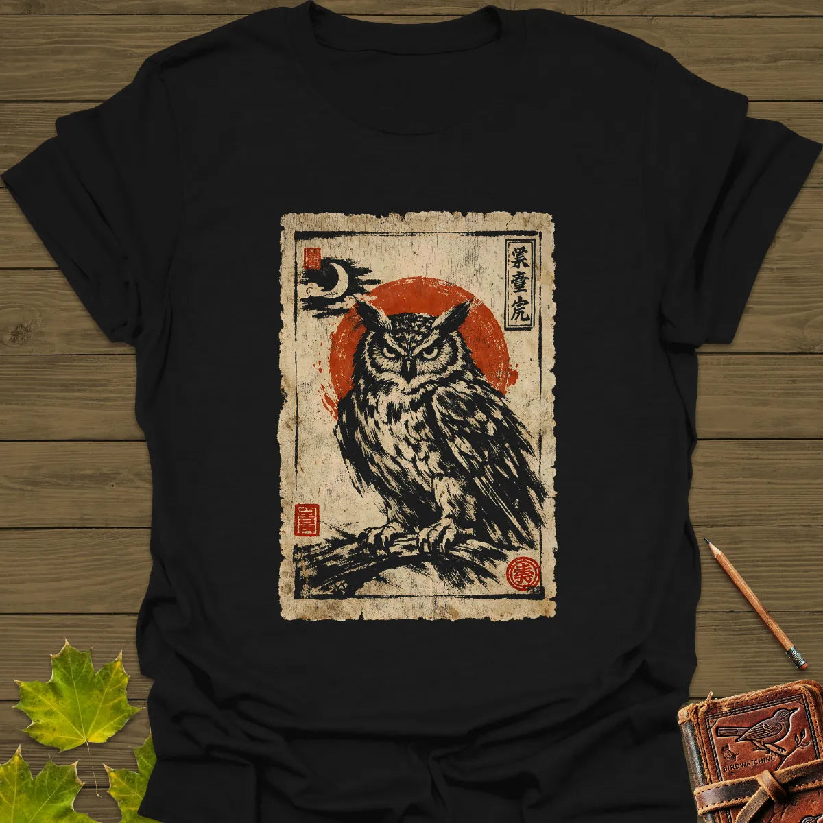 Owl Japanese Art T-Shirt Black