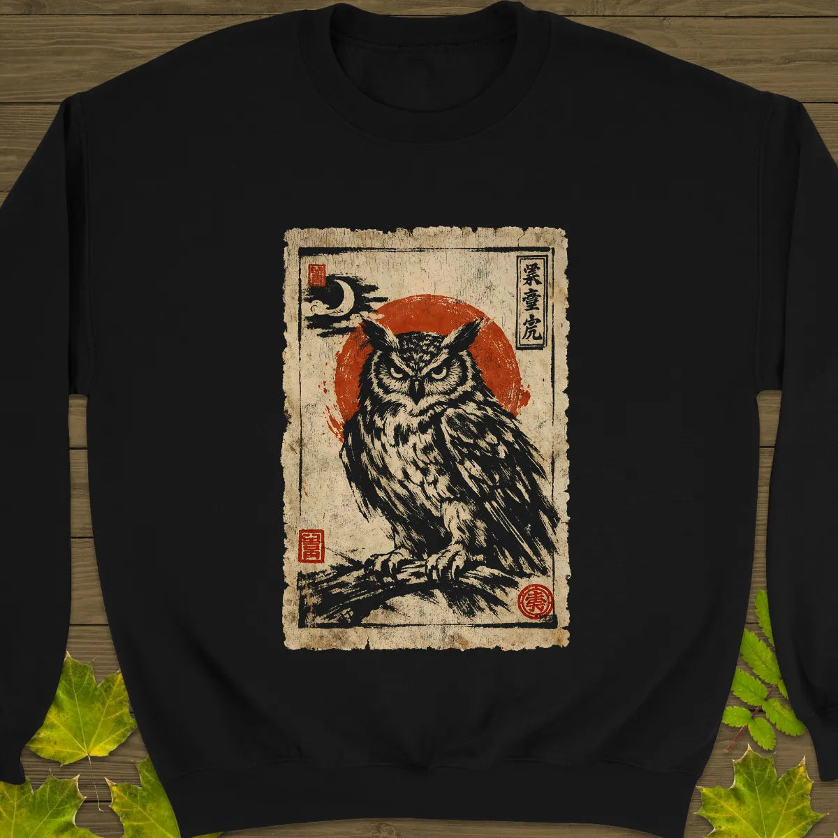 Owl Japanese Art Sweatshirt Black