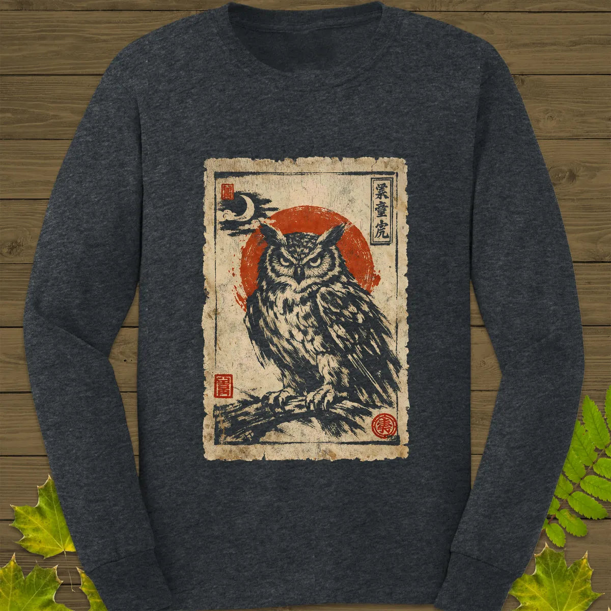 Owl Japanese Art Long Sleeve Dark Heather