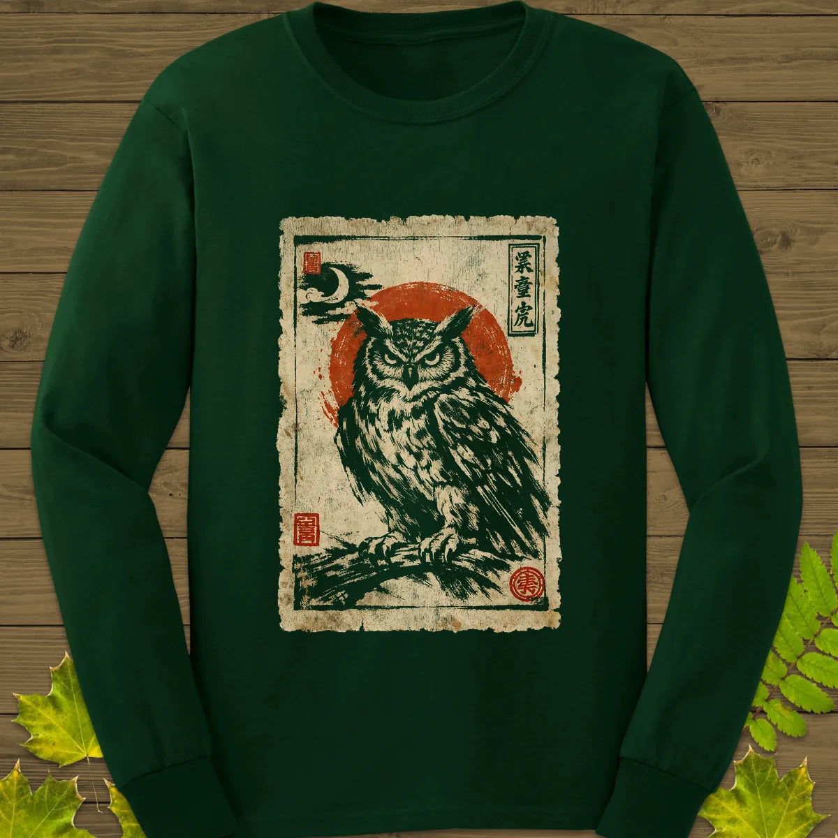 Owl Japanese Art Long Sleeve Forest Green
