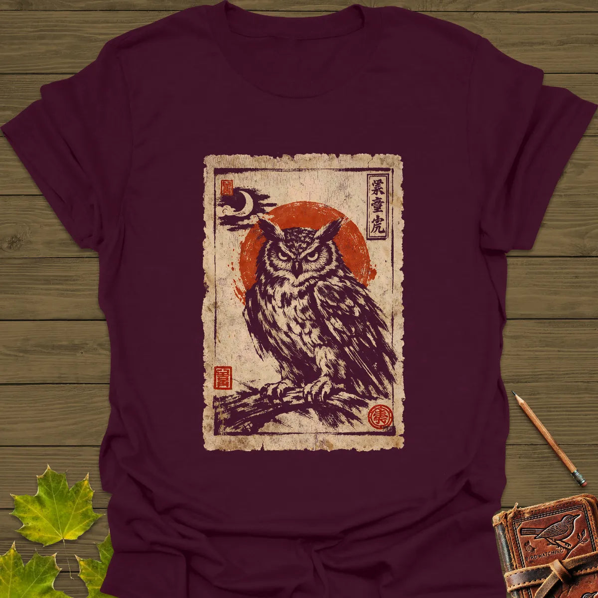 Owl Japanese Art T-Shirt Maroon