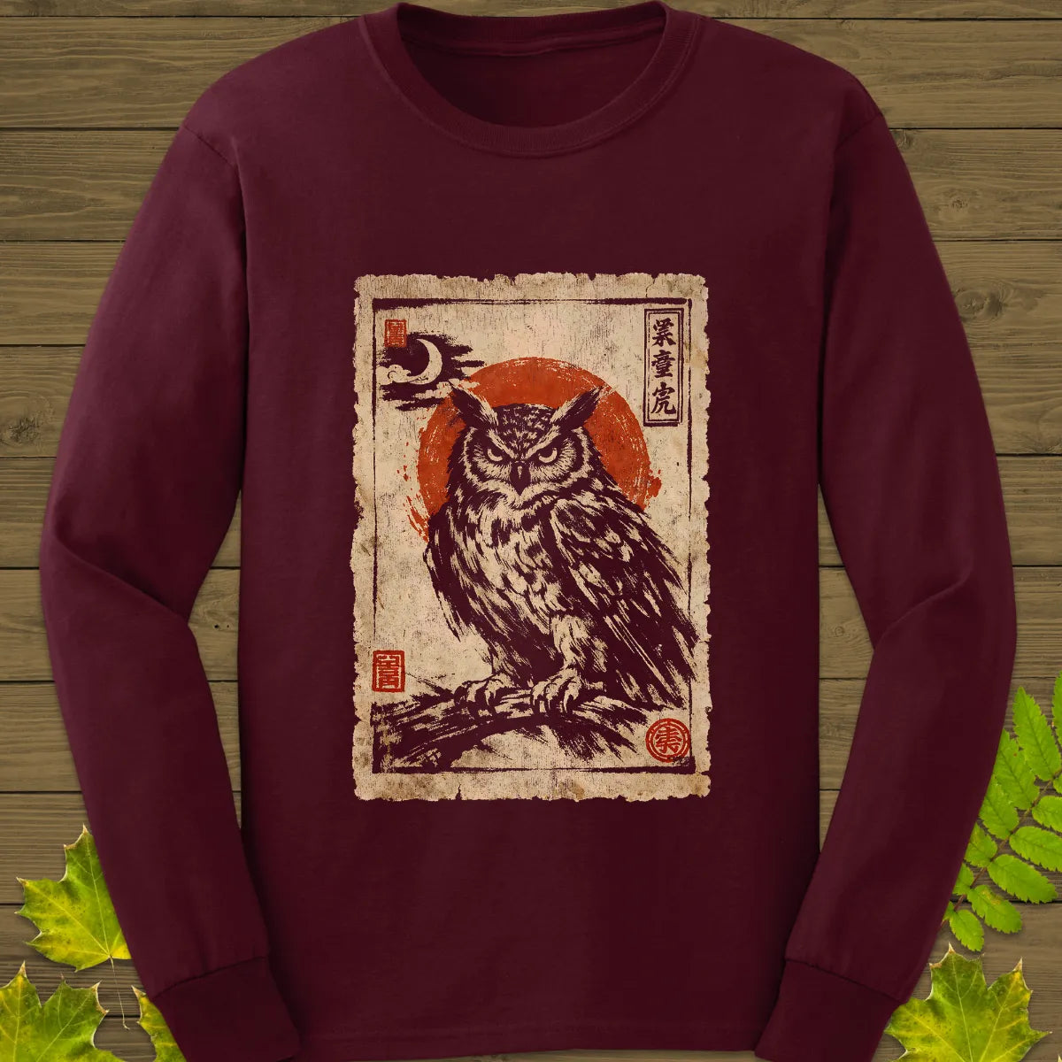 Owl Japanese Art Long Sleeve Maroon