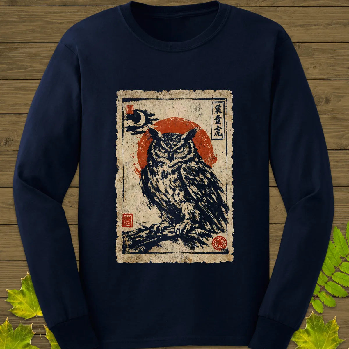 Owl Japanese Art Long Sleeve Navy