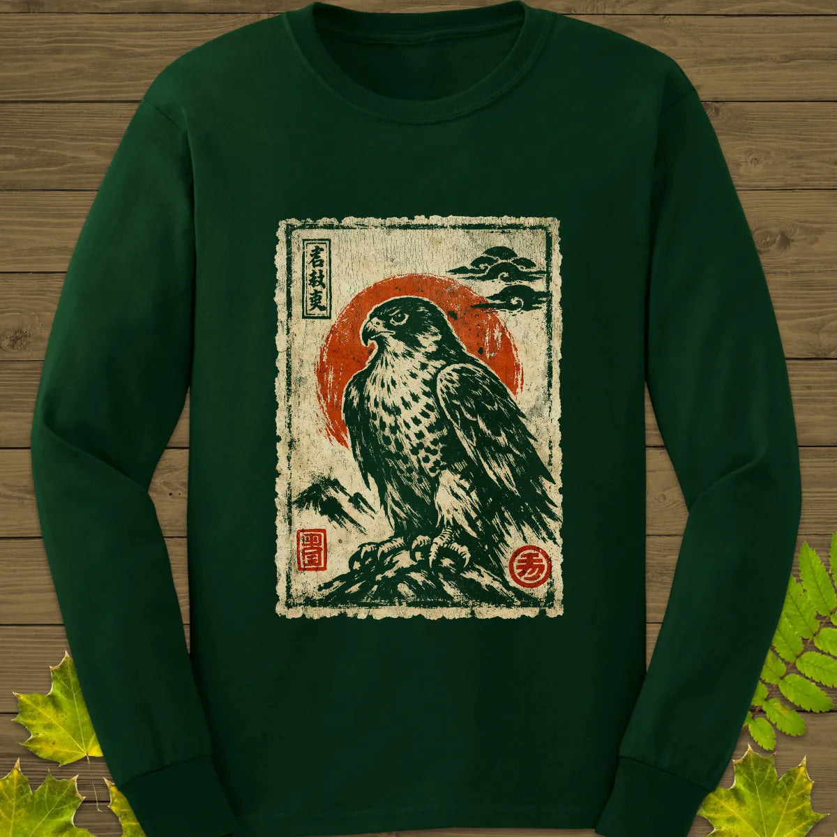 Falcon Japanese Art Long Sleeve Forest Green