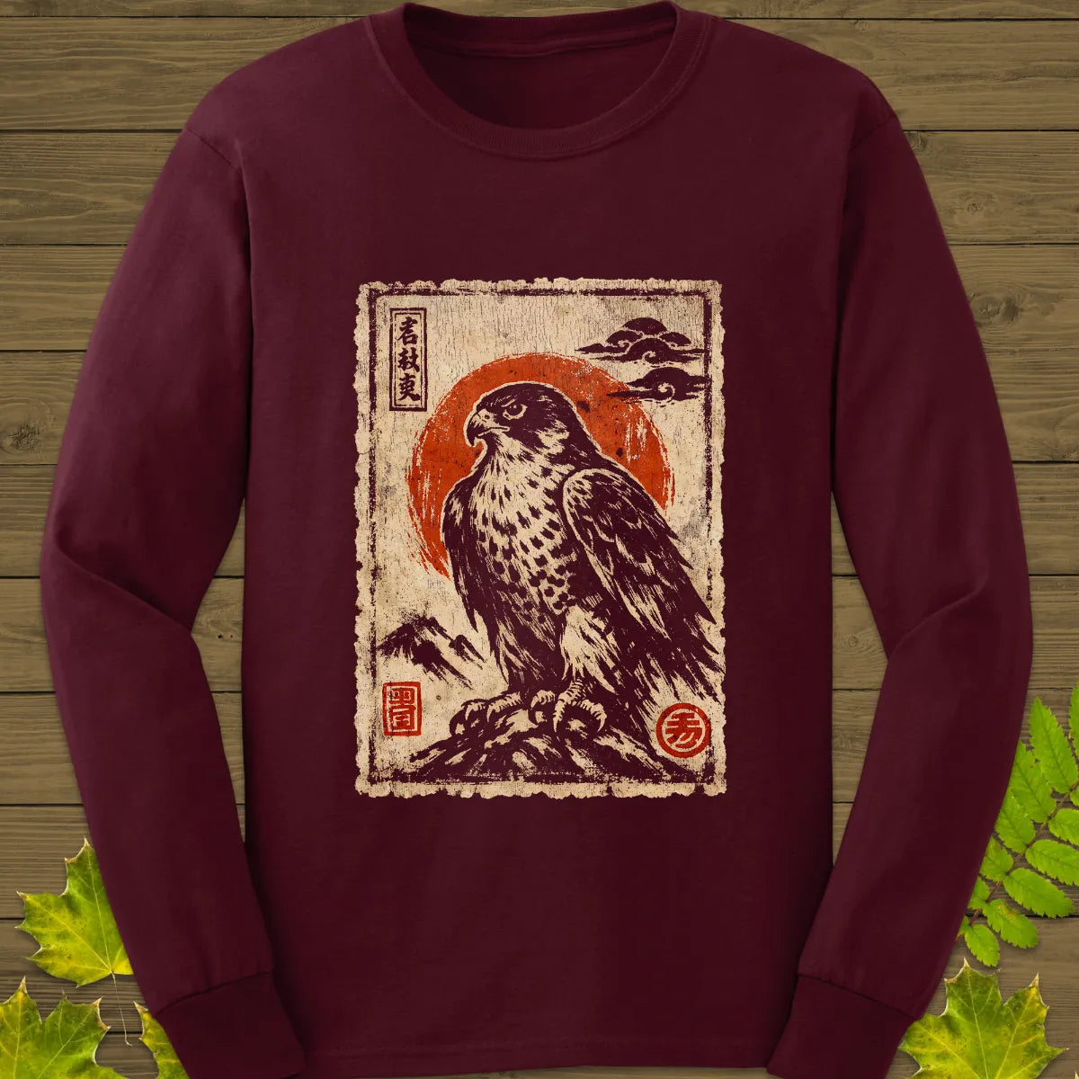 Falcon Japanese Art Long Sleeve Maroon